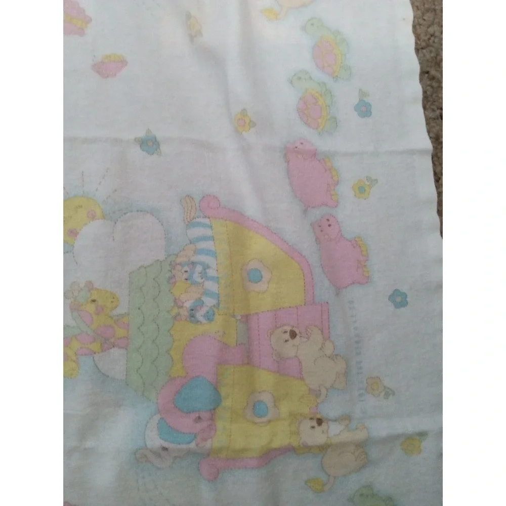 Vintage 1985 Curity Noahs Ark Baby Blanket Pastel Animals Flannel Kendall Co